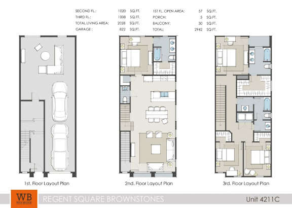 Three floor layout plans for a unit at Regent Square Brownstones.
