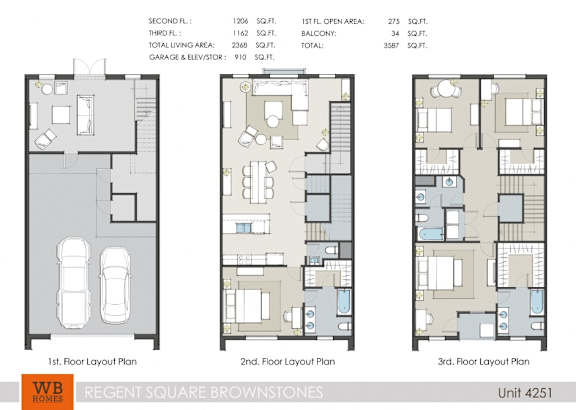 Three different layouts for a 2 bedroom apartment are shown.