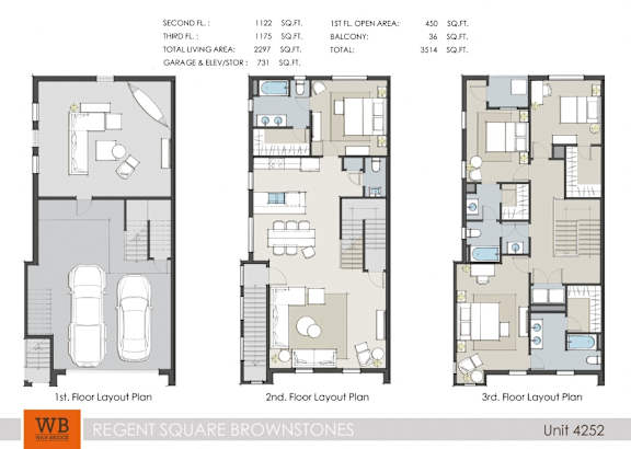 Three floor layout plans for a unit at Regent Square Brownstones.