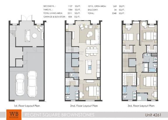 Three floor layout plans for a unit at Regent Square Brownstones.