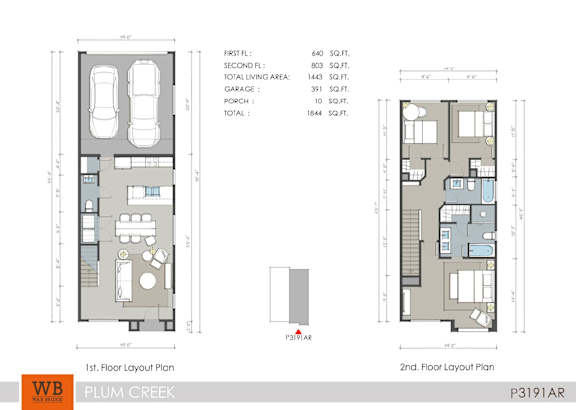 Two floor layout plans for a building with a total living area of 1843 square feet.