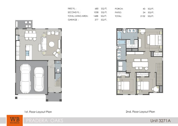 Floor Plan  3 bedroom 2.5 bathroom  3271A 1,688-to1,707 Sq.Ft. Floor Plan at Pradera Oaks, Texas, 77583