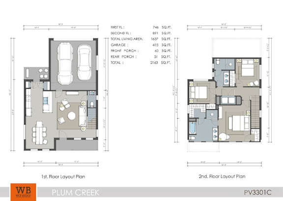 A floor plan for a Plum Creek property shows two different layouts for the first and second floors.