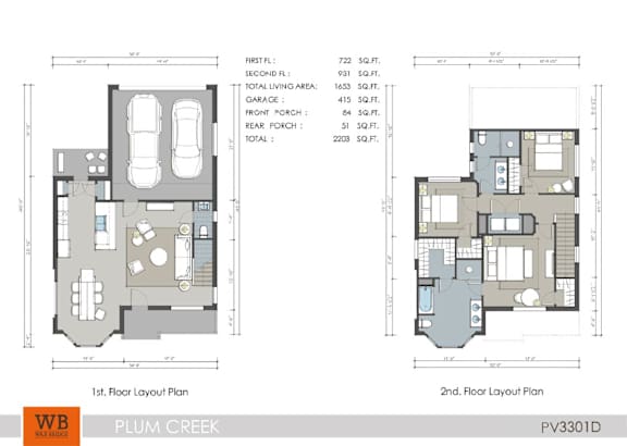 A floor plan for a Plum Creek property shows two different layouts for the first and second floors.