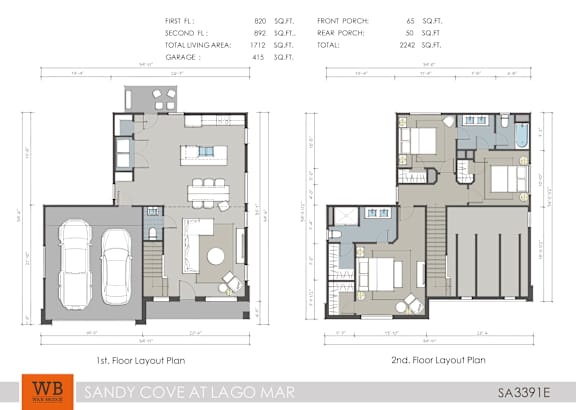 Two floor plans for Sandy Cove at Lago Mar show the layout of the first and second floors.