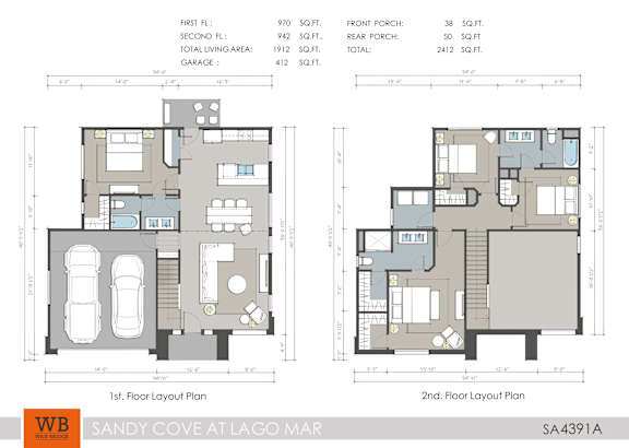 Two floor layout plans for a Sandy Cove at Lago Mar property.
