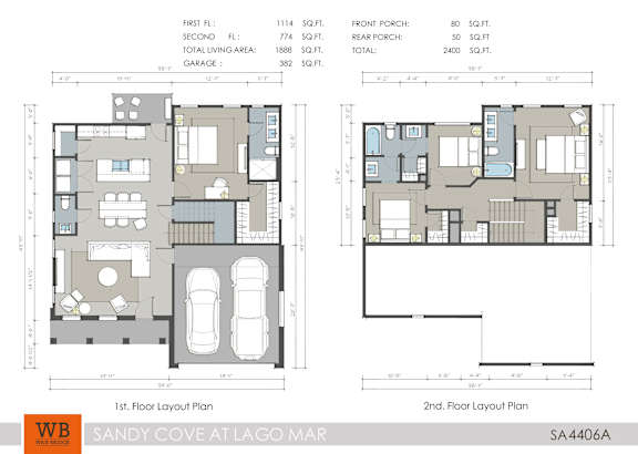 Two floor layout plans for a Sandy Cove at Lago Mar property.