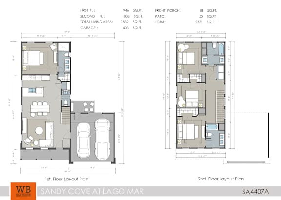 A floor plan for a two-story home with living areas, a garage, and a patio.