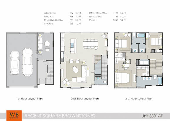 Three different layouts for a 2 bedroom apartment are shown.