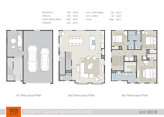 Three floor layout plans for a brownstone unit.