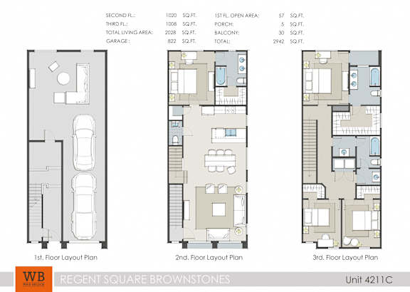 Three floor layout plans for a 2942 square foot unit.