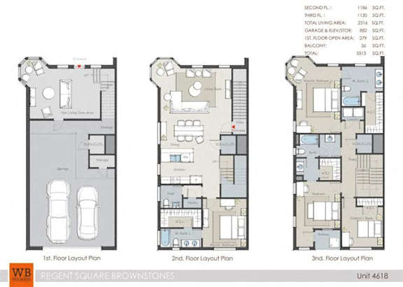Three floor layout plans for a Regent Square Brownstones unit.