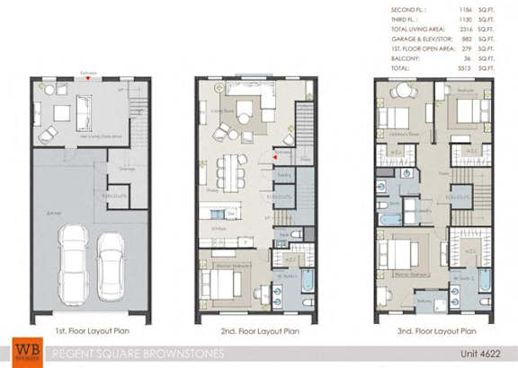 Three floor layout plans for a Regent Square Brownstones unit.