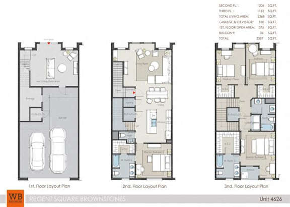Three floor layout plans for a Regent Square Brownstones unit.