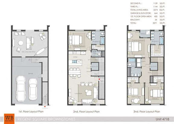 Three floor layout plans for a brownstone unit.