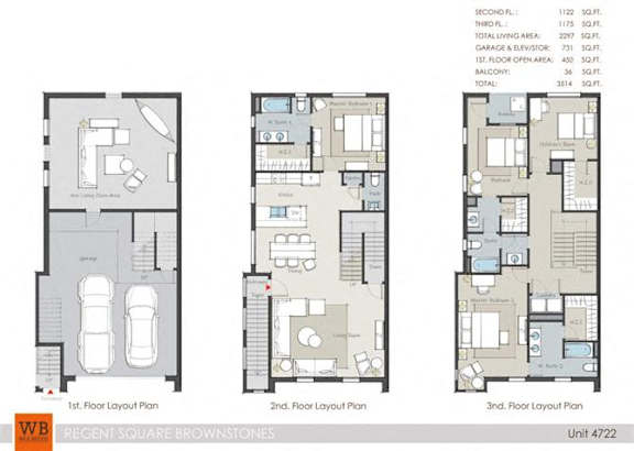 Three floor layout plans for a Regent Square Brownstones unit.