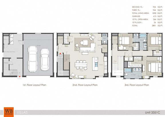 A floor plan for a unit with three bedrooms and two bathrooms is shown.