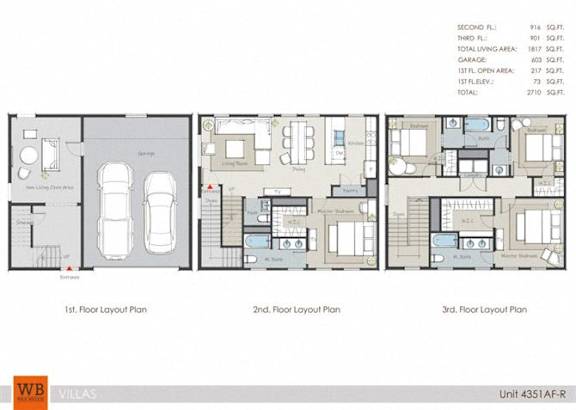 Three floor layout plans for a unit with a total area of 271 square feet.