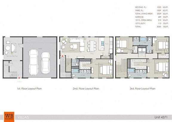 Three floor layout plans for a villa with a total living area of 202 square meters.