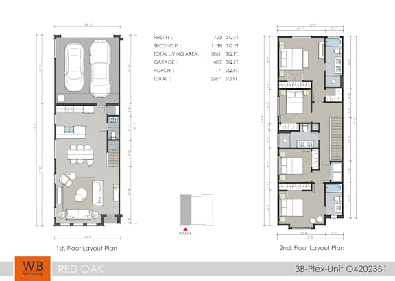 A floor plan for a 3B-Plex-Unit O42023B1 is displayed, showing the layout for the first and second floors, with a garage and porch included.