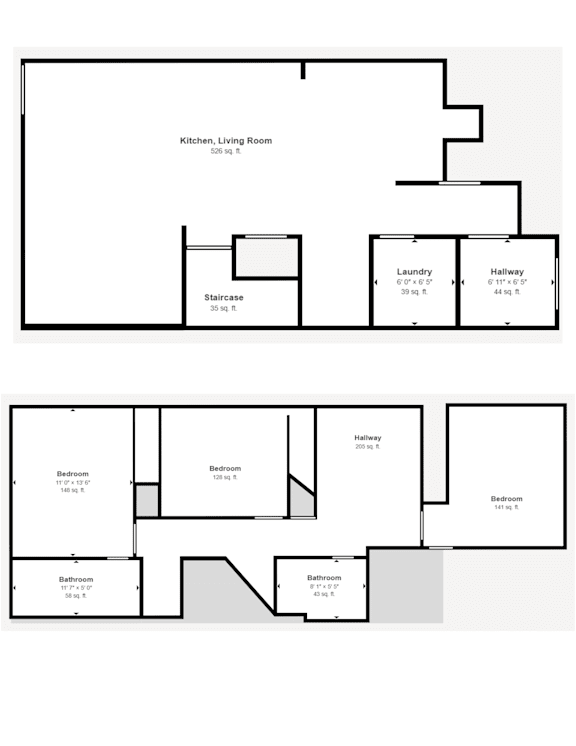 A floor plan of a house with a kitchen, living room, and multiple bathrooms.