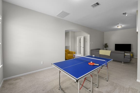 a large living room with a blue ping pong table and a gray couch