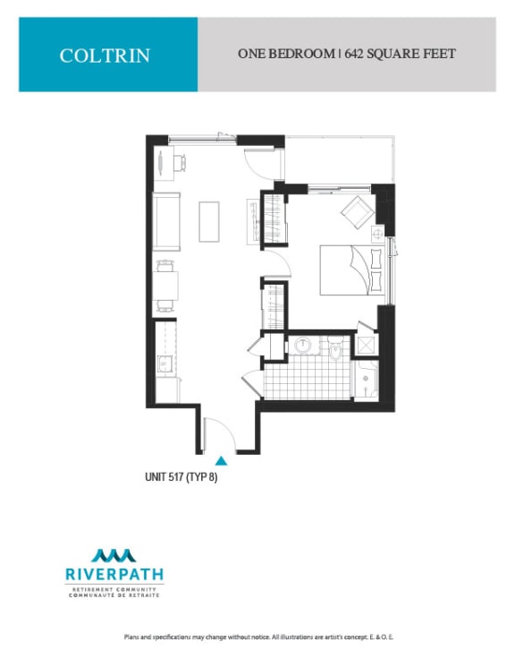 a floor plan of the one bedroom unit