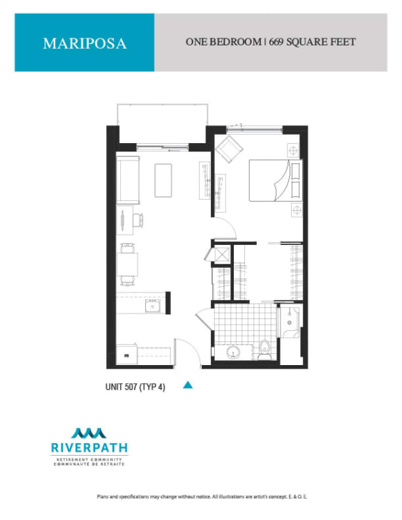 a floor plan of the one bedroom unit