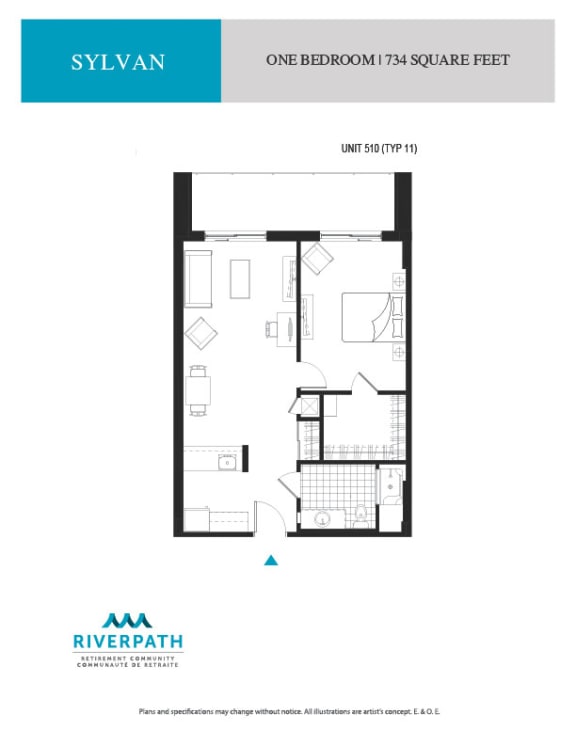 a floor plan of the one bedroom unit
