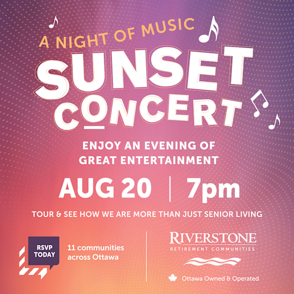 A poster advertises a Sunset Concert on August 20 at 7 pm.