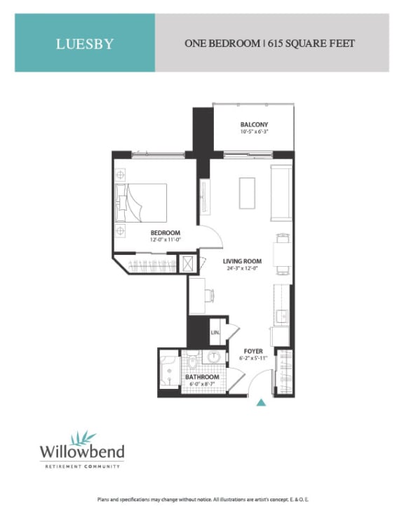 a floor plan of one bedroom unit at willow bend apartments