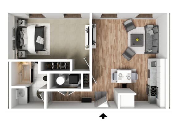 a stylized 3d floor plan with a bedroom and a living room