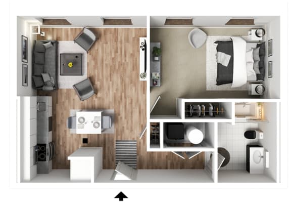 a stylized 3d floor plan with a bedroom and a living room