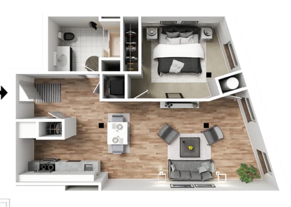 a stylized floor plan with a bedroom and a living room
