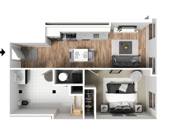 a stylized 3d floor plan of a bedroom with a bathroom and living room
