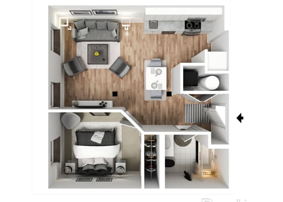 a stylized 3d floor plan with a bedroom and living room