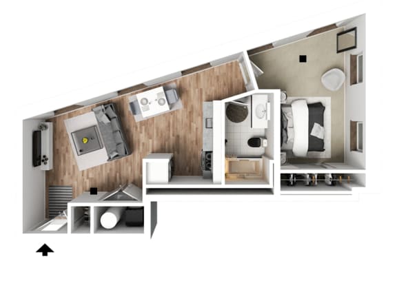 a stylized floor plan with a bedroom and a living room