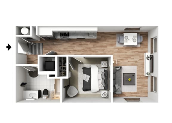 a stylized floor plan with a bedroom and a living room
