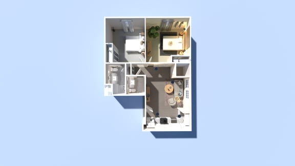 a floor plan of a small apartment with a blue background