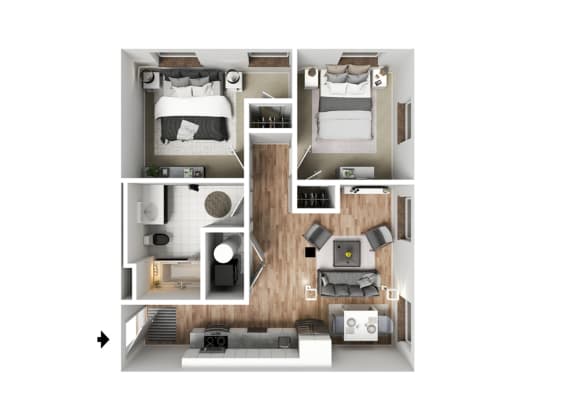 a stylized 3d floor plan with a bedroom and living room
