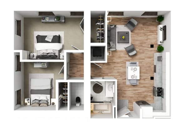 a stylized floor plan with bedrooms and a living room