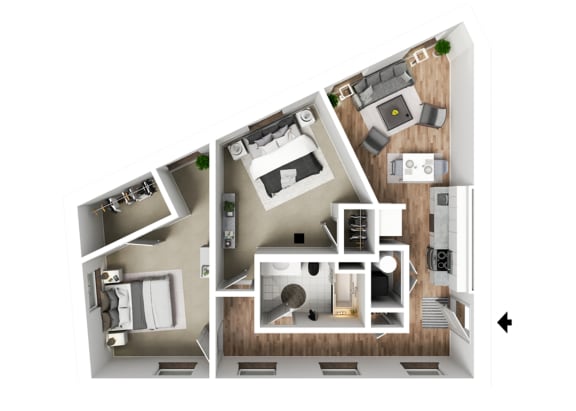 a stylized floor plan of a bedroom with a bathroom and a living room