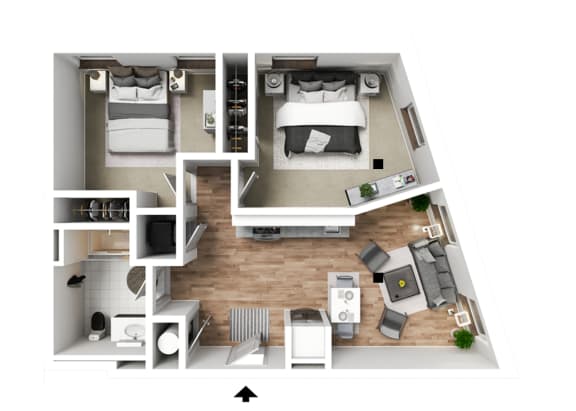 a stylized floor plan with a bedroom and a living room