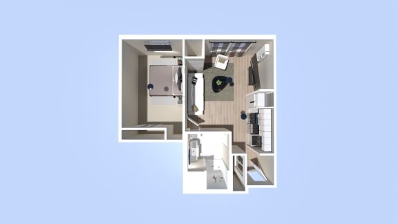 a 3d floor plan of a small apartment