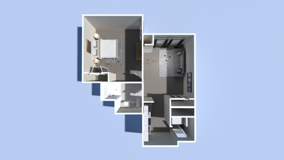 a view of a room with a staircase and a blue background