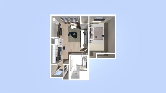 a 3d floor plan of a small apartment