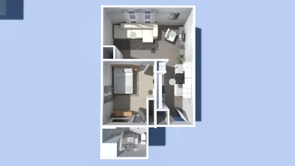 a floor plan of a studio apartment with a bedroom and a living room