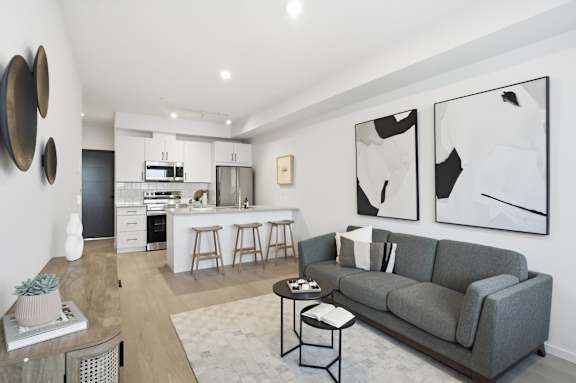 A modern living room with a grey couch and a kitchen in the background.