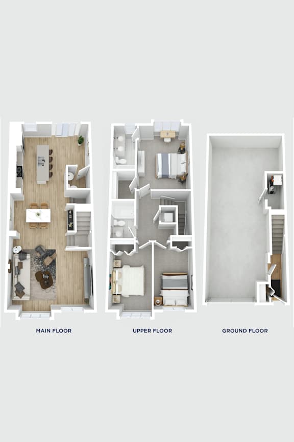 Three images showing the main floor, upper floor, and ground floor of a house.