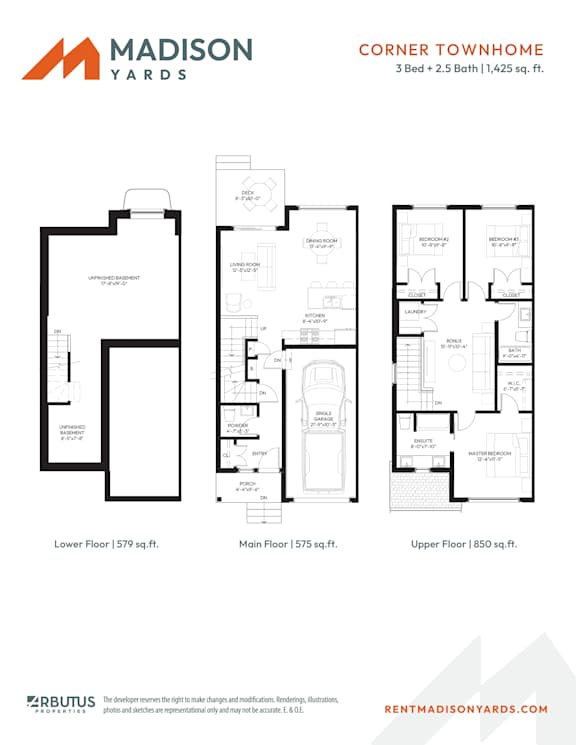 A floor plan for a Madison Yards townhome shows three bedrooms and two bathrooms in 1,425 square feet.